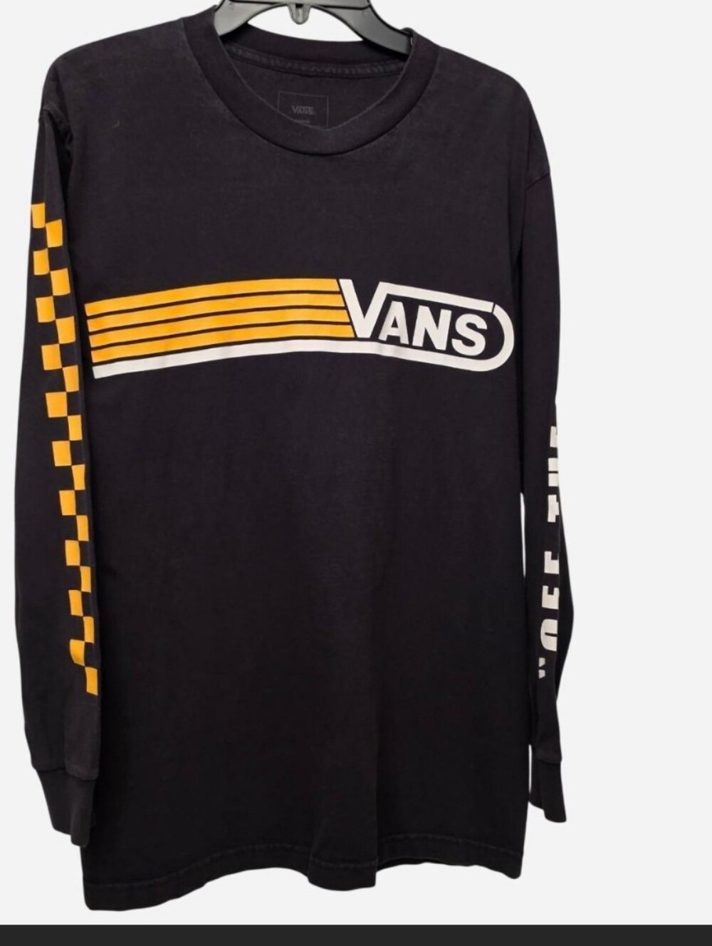Vans Men's 100% Cotton Black Long-Sleeve Graphic Tee with Yellow Stripe